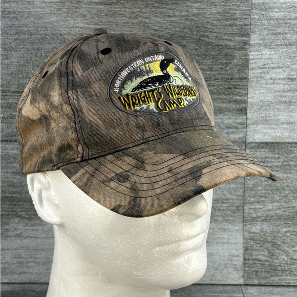 AJM Wrights Wilderness Camp Ontario Canada Camo Adjustable Strap Back Hat OSFA - Picture 2 of 13